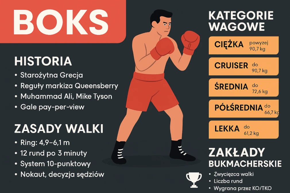 Infografika przedstawiająca podstawowe informacje o boksie: historia dyscypliny, zasady walki, podział na kategorie wagowe (ciężka, cruiser, średnia, półśrednia, lekka) oraz elementy zakładów bukmacherskich.
