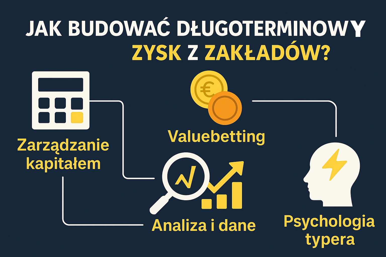 Infografika przedstawiająca kluczowe elementy skutecznego typowania sportowego: zarządzanie kapitałem, valuebetting, analiza danych oraz psychologia typera, na tle ciemnoniebieskim, w stylu nowoczesnym i czytelnym – wizualny przewodnik po budowaniu długoterminowego zysku z zakładów bukmacherskich.