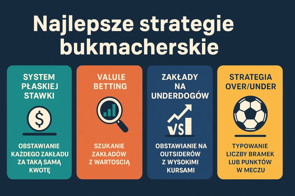 Infografika przedstawiająca najlepsze strategie bukmacherskie w nowoczesnym stylu – system płaskiej stawki, value betting, zakłady na underdogów oraz strategię over/under. Grafika w poziomym układzie z ikonami i kolorowymi blokami tematycznymi. Idealna do artykułu o skutecznym obstawianiu zakładów sportowych.