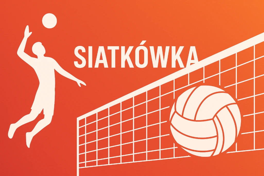 Infografika siatkarska w stylu flat design – sylwetka zawodnika wykonującego atak, piłka lecąca nad siatką i napis „Siatkówka” na pomarańczowo-czerwonym tle – grafika promująca artykuł o siatkówce i zakładach sportowych.