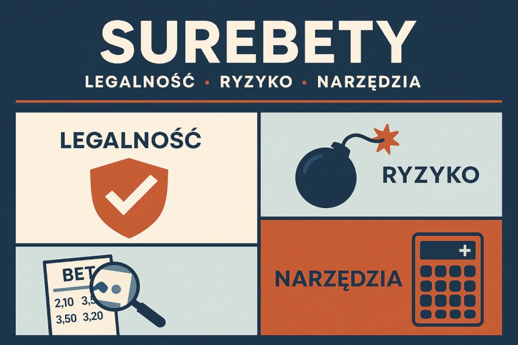 Infografika przedstawiająca temat surebetów w zakładach bukmacherskich – legalność, ryzyko i narzędzia. Grafika w nowoczesnym, płaskim stylu dzieli informacje na trzy sekcje: legalność (z ikoną tarczy), ryzyko (z ikoną bomby) oraz narzędzia (z kalkulatorem i kursami).