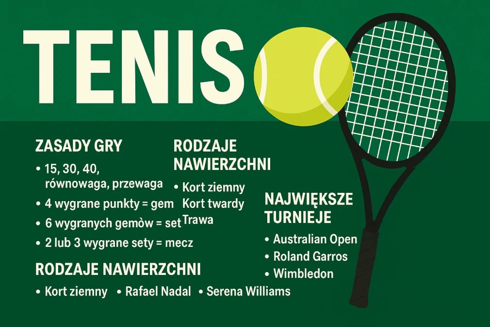 Infografika przedstawia najważniejsze informacje o tenisie – zasady gry, rodzaje nawierzchni, największe turnieje oraz znanych zawodników, takich jak Rafael Nadal i Serena Williams. Całość utrzymana w nowoczesnym stylu z ilustracją rakiety i piłki tenisowej na zielonym tle.