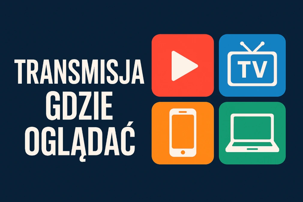 Infografika przedstawiająca hasło "Transmisja – gdzie oglądać" na granatowym tle, z kolorowymi ikonami symbolizującymi różne formy oglądania sportu na żywo: telewizor, telefon, laptop i przycisk play.
