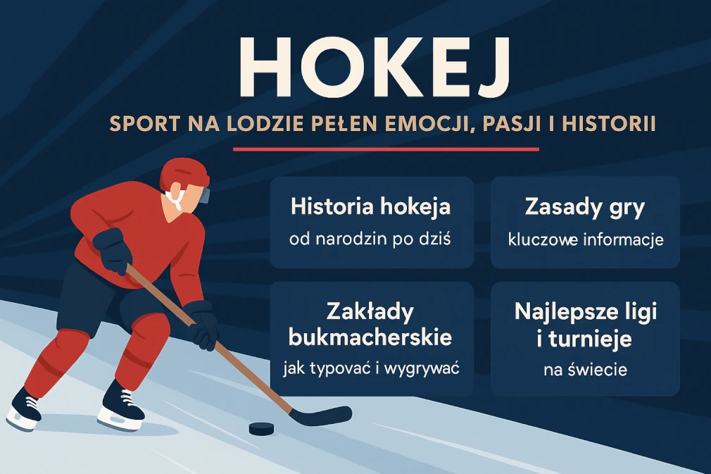 Infografika przedstawiająca kluczowe informacje o hokeju na lodzie – historia dyscypliny, zasady gry, zakłady bukmacherskie oraz najlepsze ligi i turnieje na świecie; dynamiczna grafika z zawodnikiem w czerwonym stroju na tle lodowiska.