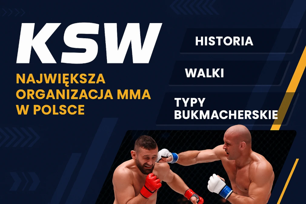 Nowoczesna infografika promująca organizację KSW – największą federację MMA w Polsce. Zawiera hasła: historia, walki i typy bukmacherskie, a także dynamiczne zdjęcie dwóch walczących zawodników w oktagonie.