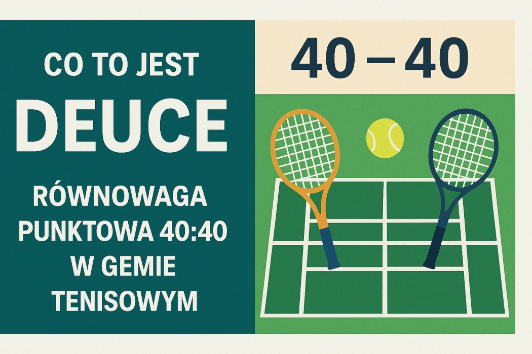 Infografika wyjaśniająca, co to jest deuce w tenisie – stan równowagi punktowej 40:40 w gemie, z grafiką kortu tenisowego, rakiet i piłki