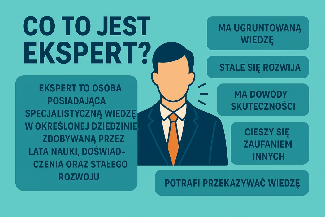 infografika w języku polskim wyjaśniająca, kim jest ekspert – zawiera definicję eksperta oraz kluczowe cechy, takie jak ugruntowana wiedza, rozwój, skuteczność, zaufanie i umiejętność przekazywania wiedzy