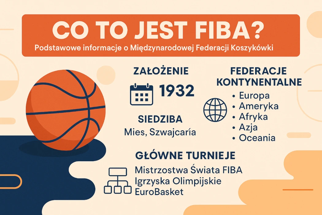 Infografika przedstawiająca podstawowe informacje o FIBA – Międzynarodowej Federacji Koszykówki, zawierająca datę założenia (1932), siedzibę (Mies, Szwajcaria), podział na federacje kontynentalne (Europa, Ameryka, Afryka, Azja, Oceania) oraz najważniejsze turnieje organizowane przez FIBA, takie jak Mistrzostwa Świata, Igrzyska Olimpijskie i EuroBasket