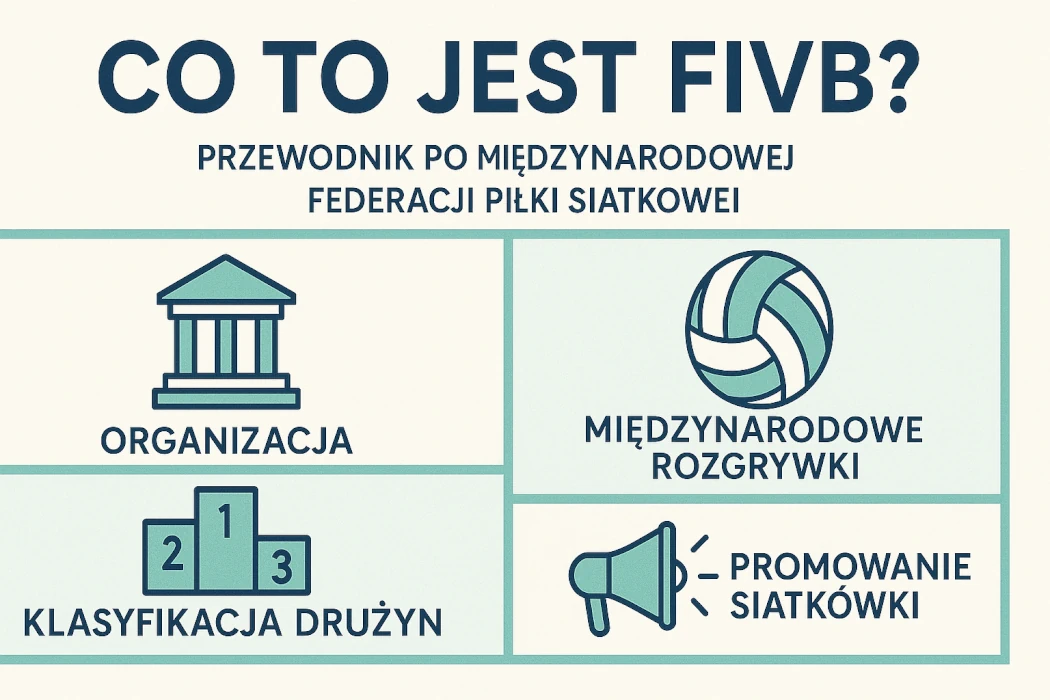 Infografika w języku polskim przedstawiająca, czym jest FIVB – Międzynarodowa Federacja Piłki Siatkowej. Zawiera cztery sekcje tematyczne z ikonami: organizacja FIVB, międzynarodowe rozgrywki siatkarskie, klasyfikacja drużyn oraz promowanie siatkówki na świecie.