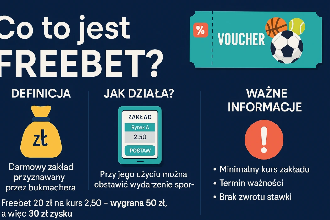 Infografika przedstawiająca, czym jest freebet w zakładach bukmacherskich – wyjaśnienie definicji darmowego zakładu, sposób działania, przykładowy zysk oraz kluczowe informacje takie jak minimalny kurs, termin ważności i brak zwrotu stawki