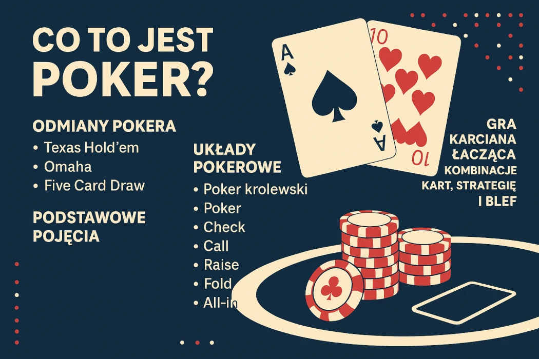 infografika po polsku wyjaśniająca, co to jest poker – zawiera podstawowe pojęcia, popularne odmiany gry (Texas Hold'em, Omaha, Five Card Draw), układy pokerowe oraz kluczowe zasady