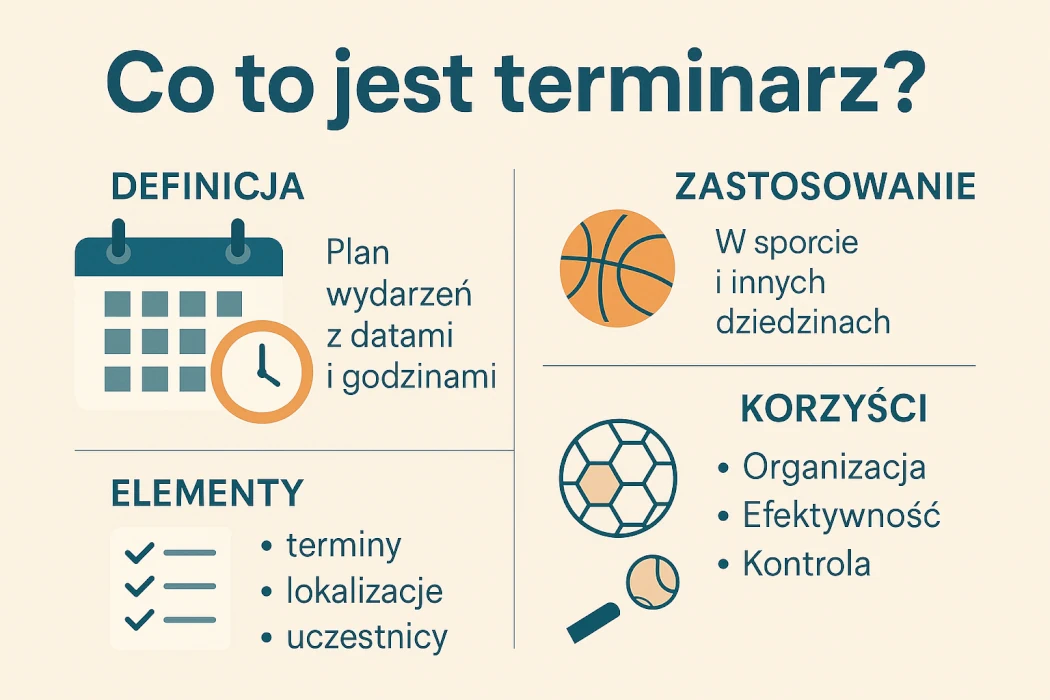 Infografika w języku polskim przedstawiająca definicję i zastosowanie terminarza w sporcie i innych dziedzinach. Zawiera cztery sekcje: definicja (plan wydarzeń z datami i godzinami), zastosowanie (w sporcie i innych obszarach), elementy (terminy, lokalizacje, uczestnicy) oraz korzyści (organizacja, efektywność, kontrola).