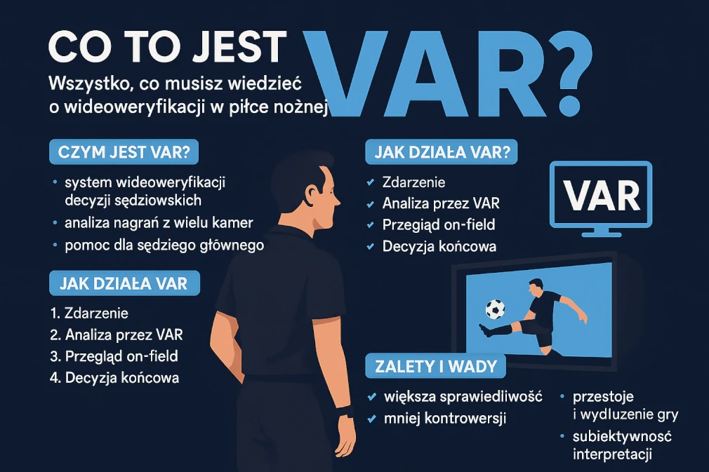 nfografika w języku polskim przedstawiająca, co to jest VAR w piłce nożnej – system wideoweryfikacji decyzji sędziowskich. Zawiera wyjaśnienie, jak działa VAR, kiedy jest używany oraz jego zalety i wady.