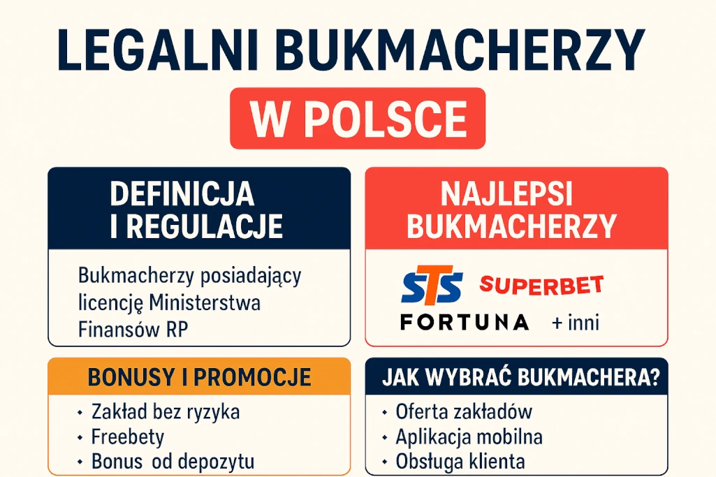 Nowoczesna infografika w języku polskim przedstawiająca temat legalnych bukmacherów w Polsce. Zawiera cztery sekcje: definicję i regulacje, najlepszych legalnych bukmacherów (STS, Superbet, Fortuna), dostępne bonusy i promocje (zakład bez ryzyka, freebety, bonus od depozytu) oraz porady, jak wybrać legalnego bukmachera.