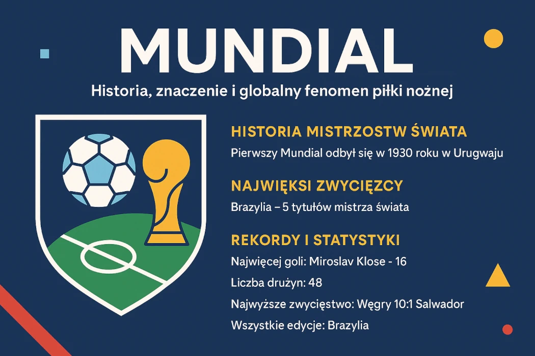 infografika przedstawiająca najważniejsze informacje o Mundialu – historia Mistrzostw Świata FIFA, największe zwycięstwa, rekordy i statystyki turnieju piłkarskiego