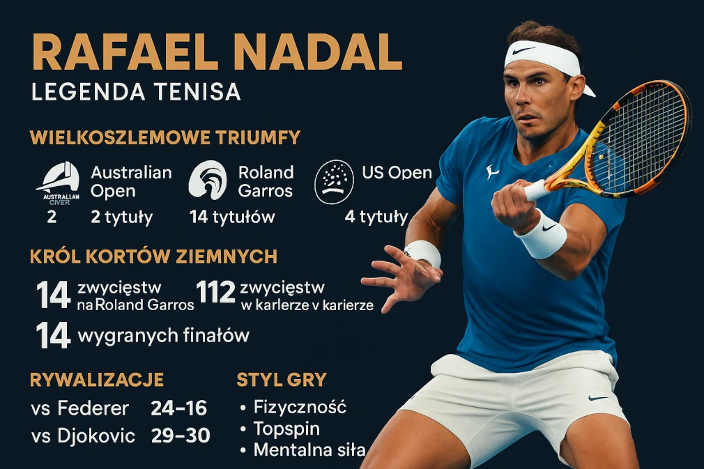 Infografika prezentująca najważniejsze osiągnięcia Rafaela Nadala – liczba tytułów wielkoszlemowych, dominacja na Roland Garros, bilans rywalizacji z Federerem i Djokoviciem oraz charakterystyka stylu gry.