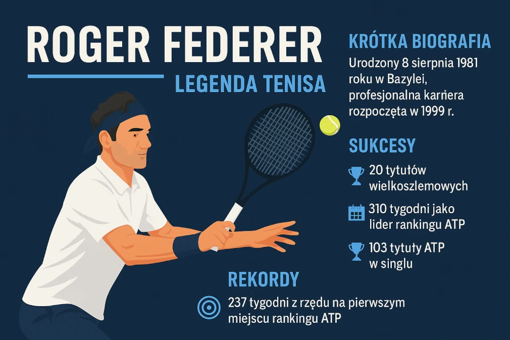infografika przedstawiająca Rogera Federera – legendę tenisa. Zawiera ilustrację tenisisty w akcji oraz kluczowe informacje: biografię, największe sukcesy (20 tytułów wielkoszlemowych, 103 tytuły ATP, 310 tygodni jako lider ATP) i rekord 237 tygodni z rzędu na pierwszym miejscu rankingu