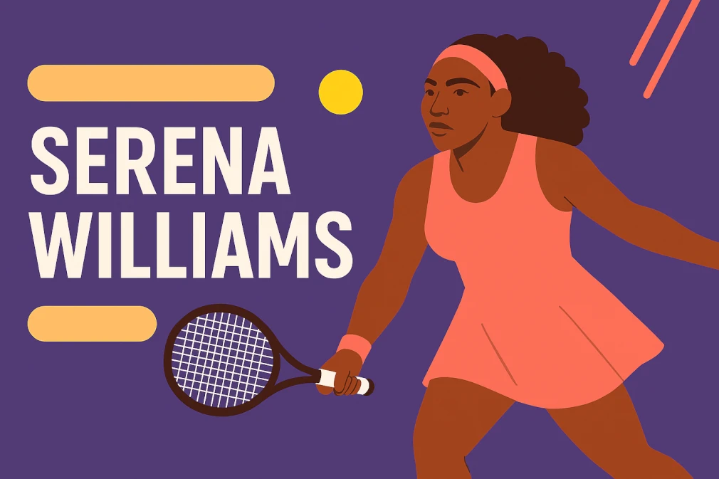 Infografika przedstawiająca Serenę Williams w dynamicznej pozie tenisowej na fioletowym tle