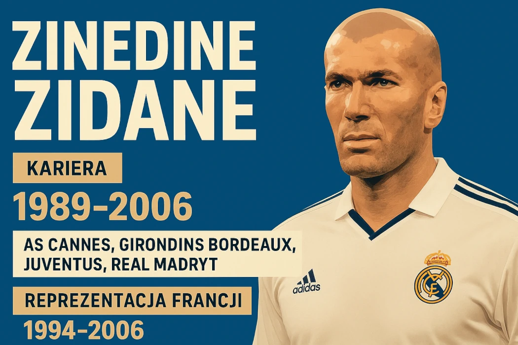 Infografika przedstawiająca Zinedine'a Zidane'a w koszulce Realu Madryt, z podsumowaniem jego kariery piłkarskiej – lata gry 1989–2006, kluby: AS Cannes, Bordeaux, Juventus, Real Madryt oraz reprezentacja Francji 1994–2006