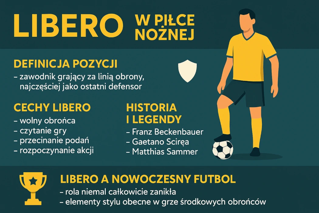 infografika w języku polskim przedstawiająca pozycję libero w piłce nożnej. Po lewej stronie znajdują się trzy sekcje z opisami: definicja pozycji (zawodnik grający za linią obrony), cechy libero (m.in. czytanie gry, rozpoczynanie akcji) oraz historia i legendy (wymienieni Beckenbauer, Scirea, Sammer)