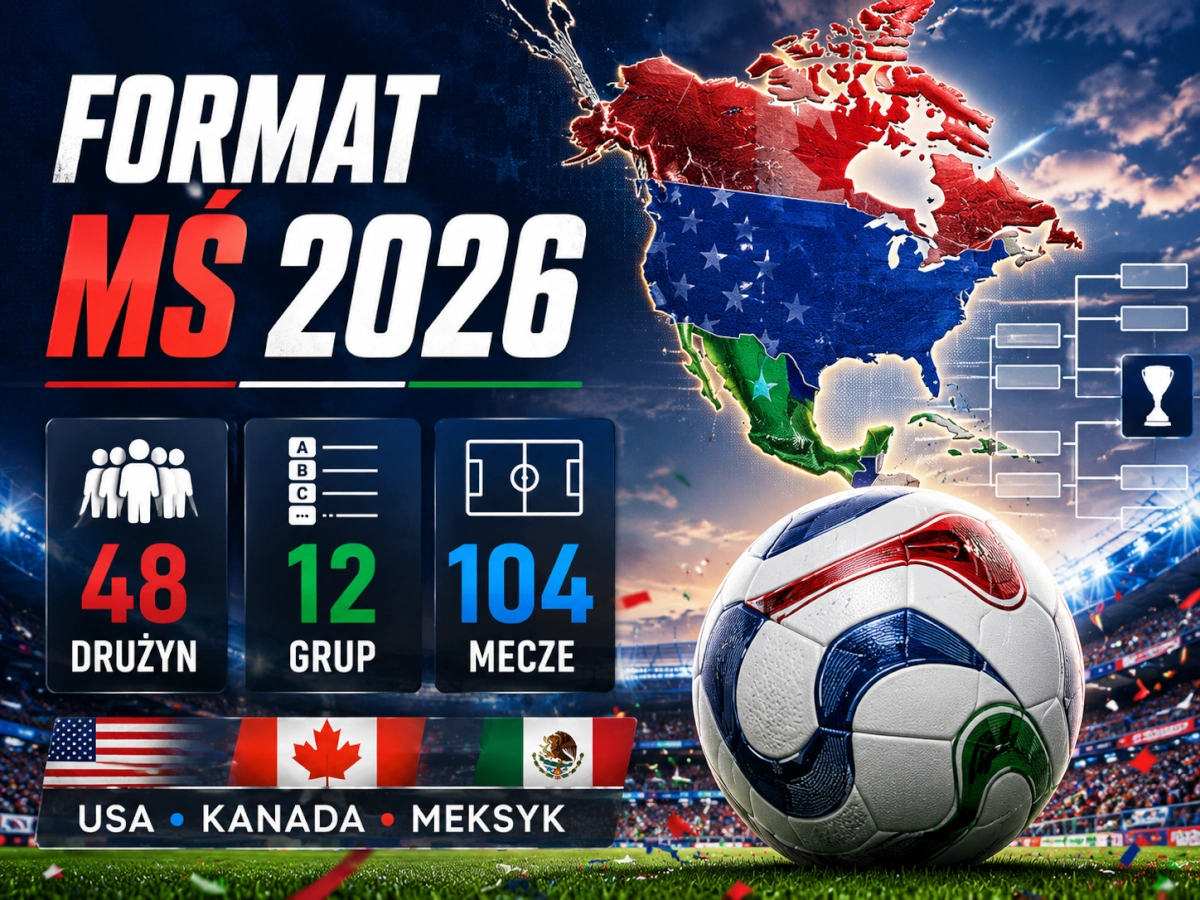 Grafika przedstawiająca format MŚ 2026 z informacją o 48 drużynach, 12 grupach i 104 meczach na mundialu w USA, Kanadzie i Meksyku.